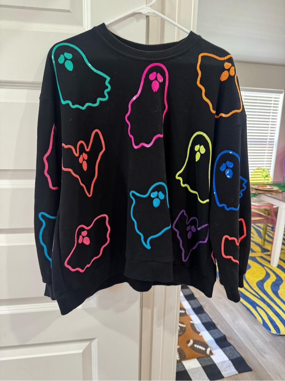QUEEN OF SPARKLES Black Crewneck with Neon Ghosts
